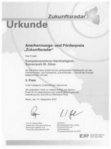 Urkunde &bdquo;Zukunftsradar&ldquo; &ndash; Auszeichnung f&uuml;r Bio-Solar-Haus