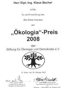 Urkunde &bdquo;&Ouml;kologia-Preis 2008&ldquo; &ndash; Auszeichnung f&uuml;r Bio-Solar-Haus